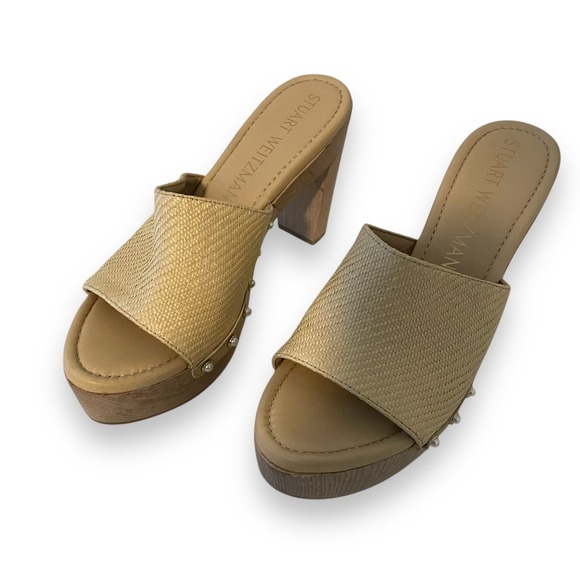 Stuart Weitzman Faux Pearl Raffia Heeled Slide Clogs Mule Women's Size 9.5 NEW